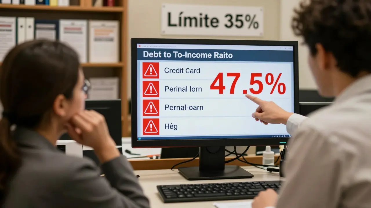 Asesor bancario muestra ratio de deuda al 47,5% en una sucursal de Buenos Aires.