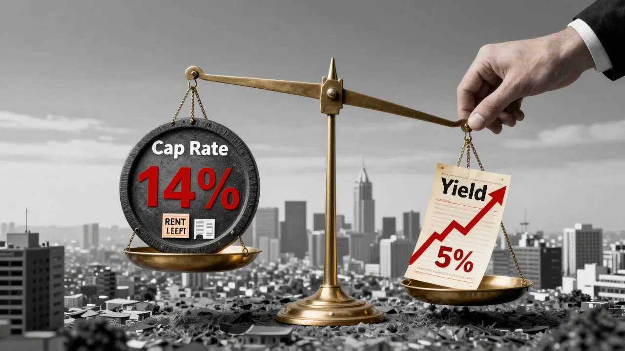 Balanza simbólica entre cap rate y yield en un contexto urbano argentino