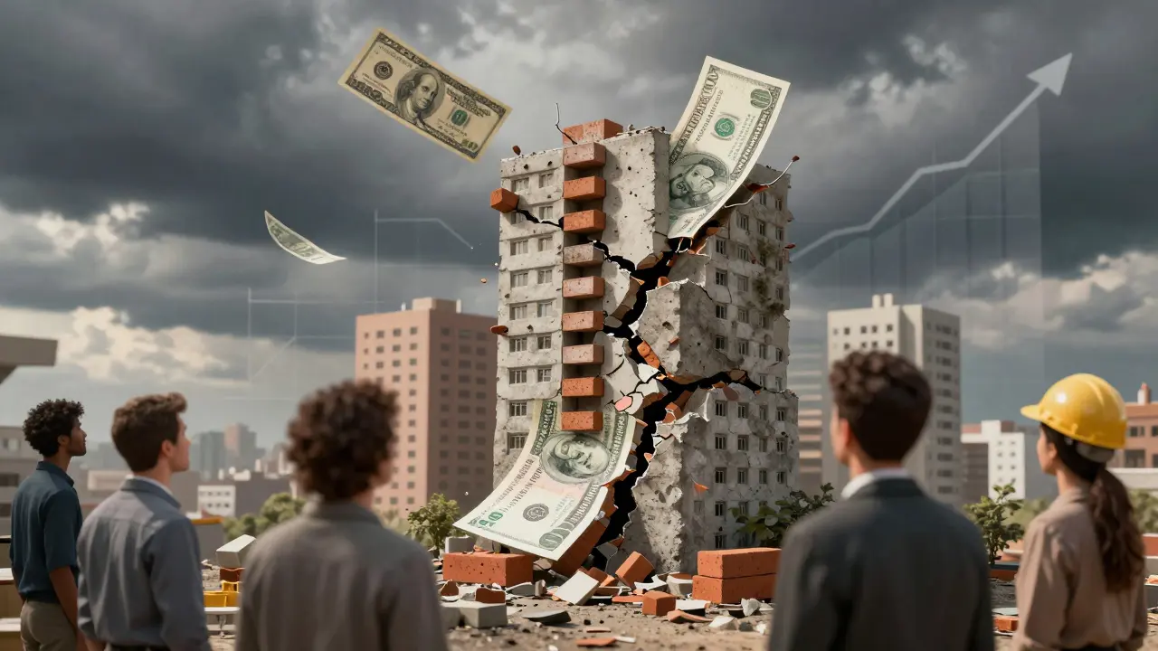 Billete de peso que se convierte en ladrillos, formando un edificio mientras una moneda de dólar flota como escudo.
