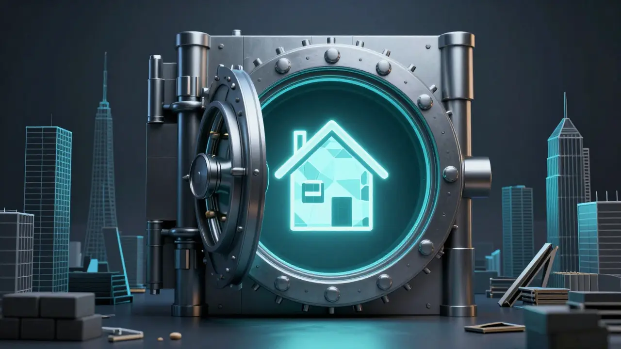 Caja fuerte metálica resguardando símbolo de casa segura.