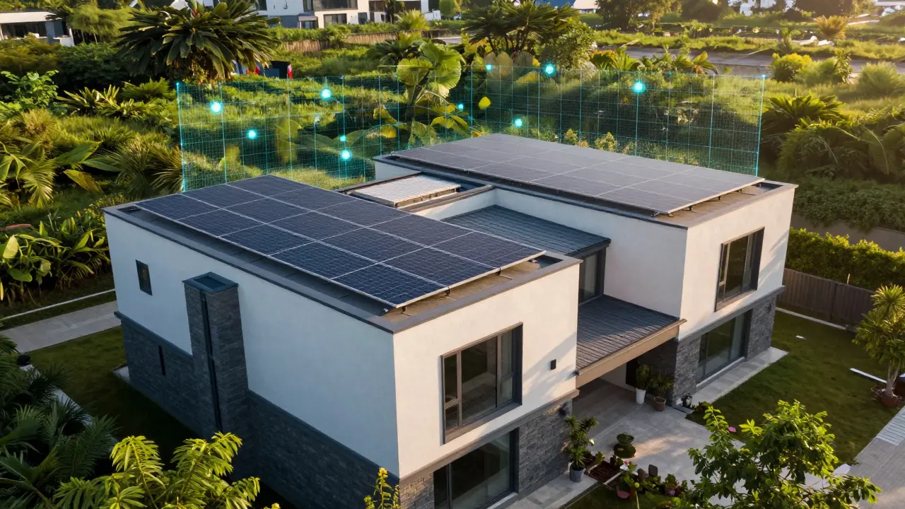 Casa ecológica con paneles solares y entorno verde resguardado por red segura.