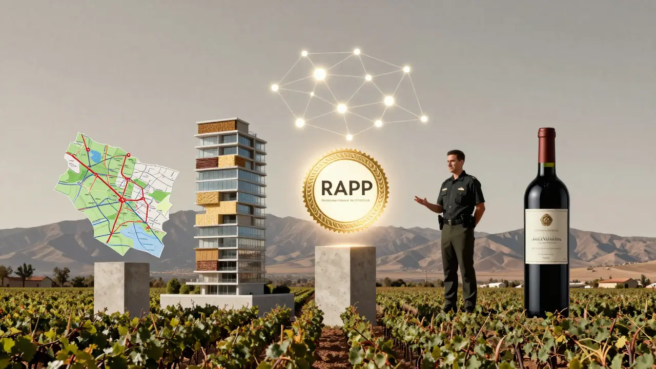 Cinco pilares de certificación premium: ubicación, construcción, tecnología, servicios y exclusividad, convergiendo en un sello RAPP sobre viñedos.