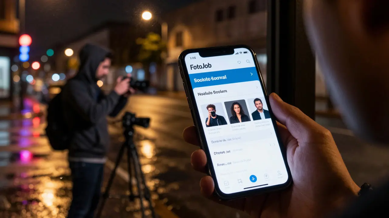 Cliente usando una app móvil para contratar urgentemente a un fotógrafo local en la ciudad, bajo luces de calle.