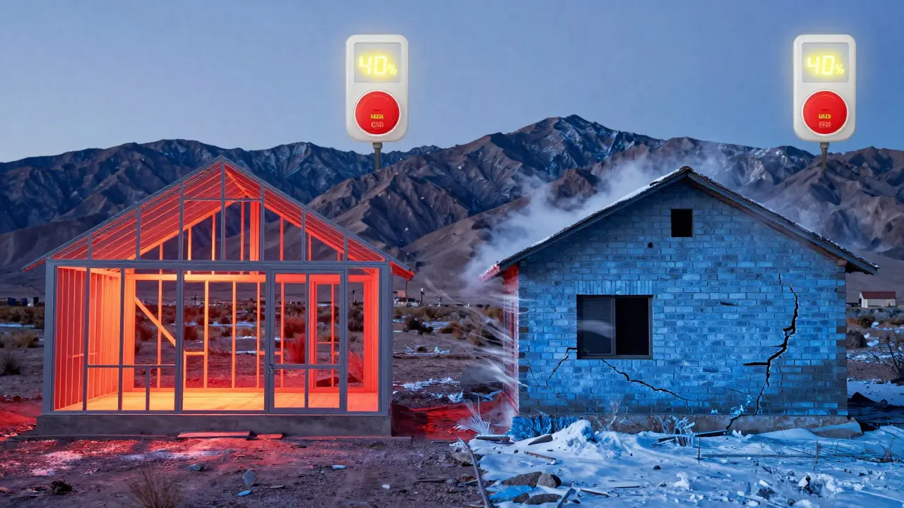 Comparación visual del aislamiento térmico: casa de acero cálida y sellada frente a casa de ladrillo con grietas y pérdida de calor en invierno.