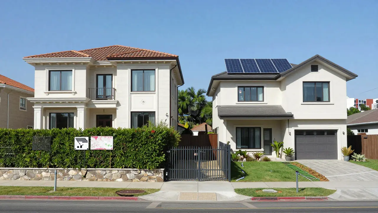 Contraste visual entre una propiedad decadente en un barrio mal administrado y una vivienda moderna con fibra óptica y acceso a autopista en Las Heras.