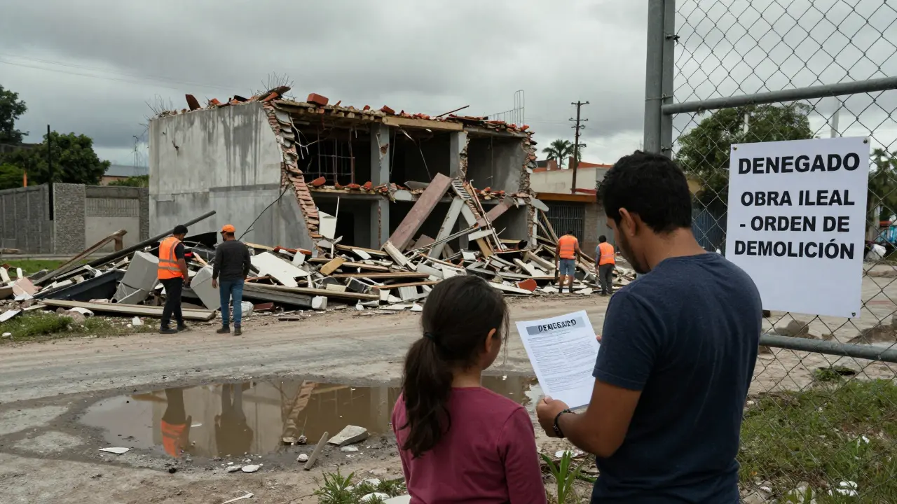 Derrumbe de una construcción ilegal mientras una familia observa con documentos de rechazo municipales en mano.