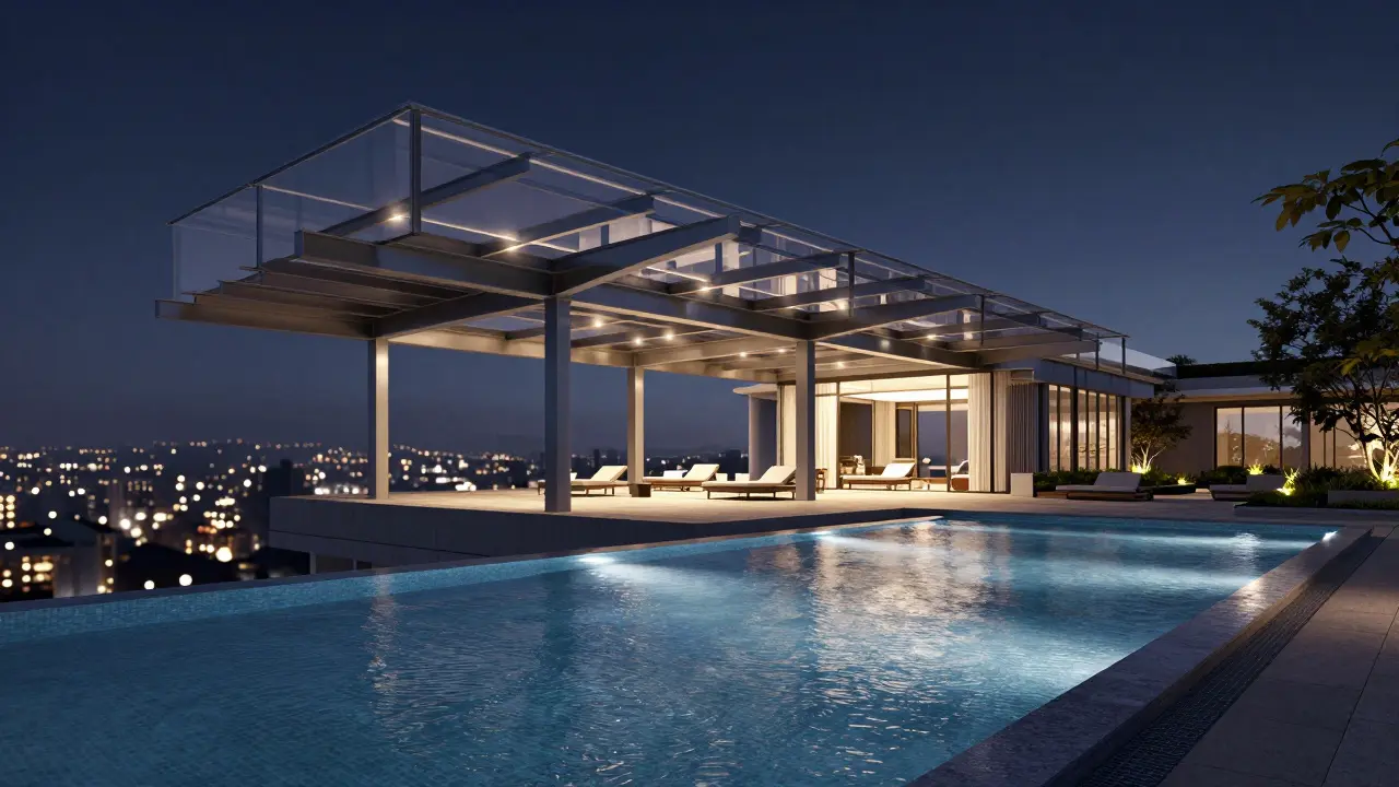 Detalle estructural de ático con piscina iluminado por noche