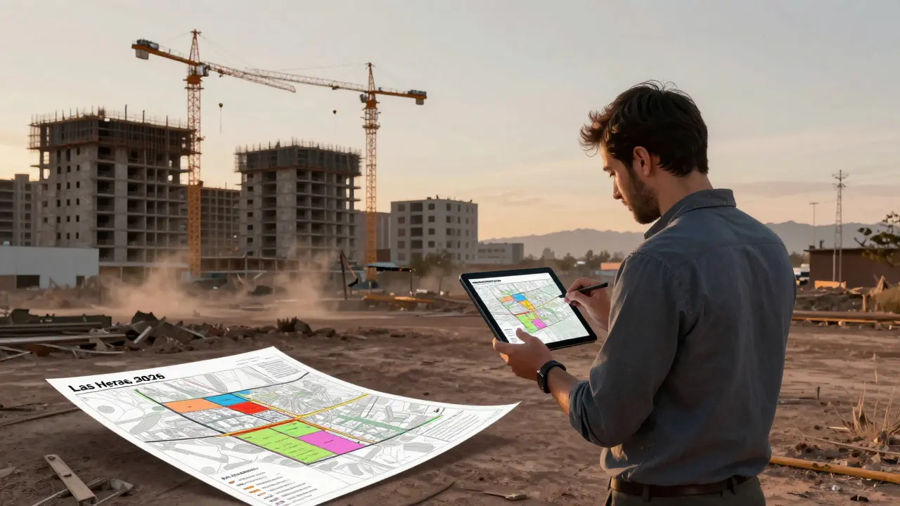 Developer examining an urban planning map on a tablet beside a construction site in Las Heras.