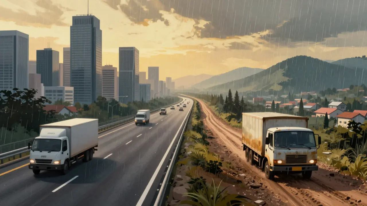 Dos caminos divididos: uno moderno y eficiente hacia la ciudad, otro accidentado hacia pueblos del interior.