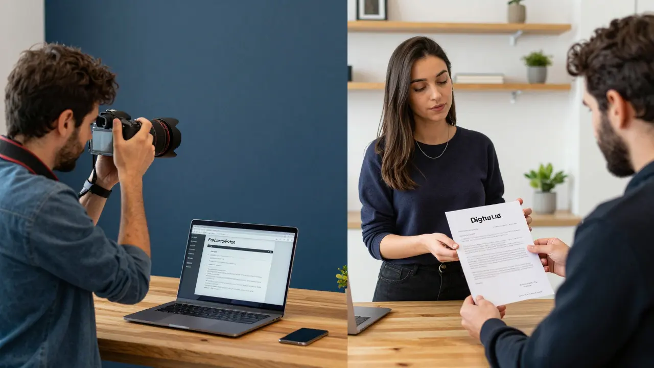 Dos fotógrafos profesionales trabajando: uno en una sesión corporativa y otro entregando archivos con contrato legal.