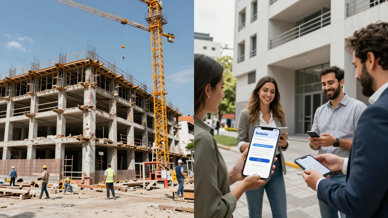 Edificio en construcción en Palermo transformándose en una propiedad alquilada, con inversores recibiendo pagos mensuales.