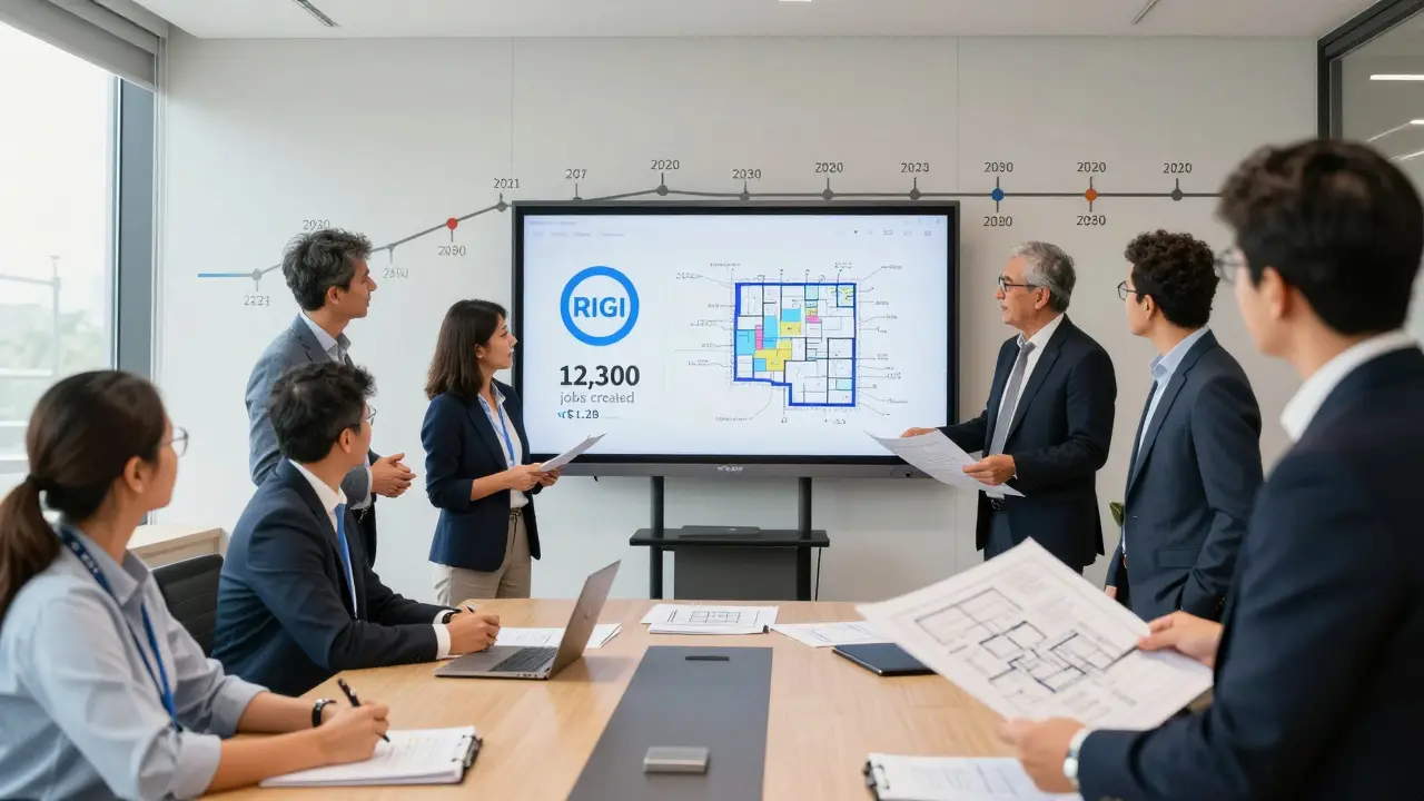 Equipo de arquitectos presentando planos de proyecto RIGI con pantalla digital mostrando métricas de inversión y empleo.