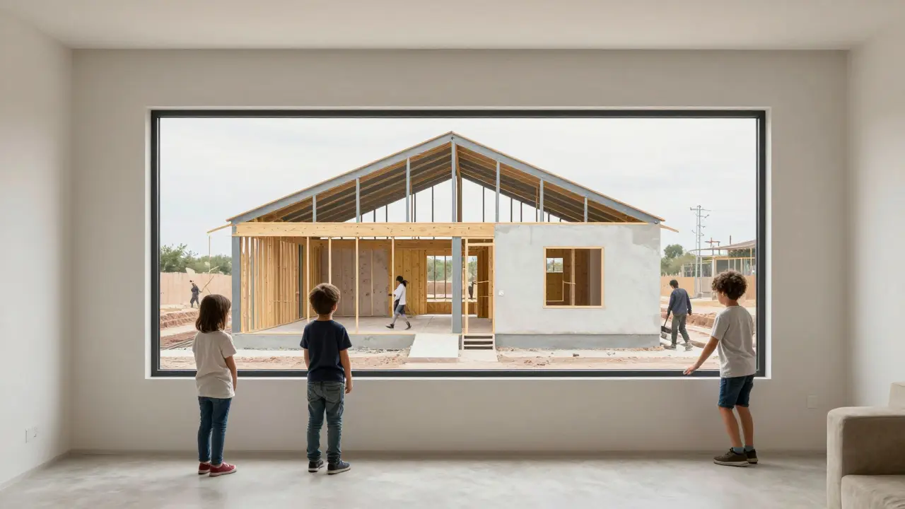 Familia disfrutando en su hogar de steel frame, con una superposición sutil del proceso de construcción rápida frente a la obra tradicional lenta.