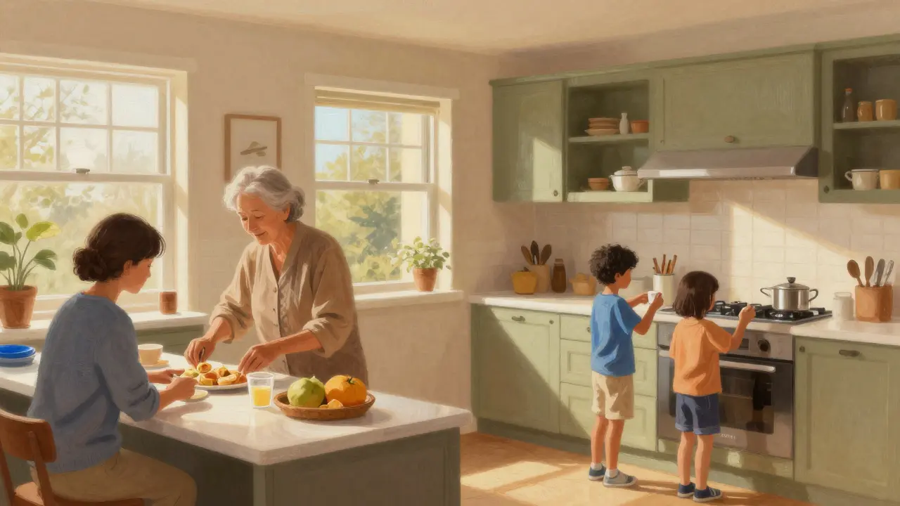 Family cooking together in designed shared kitchen spaces