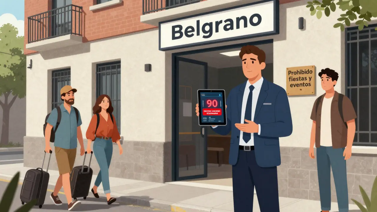 Gestor de propiedad en Belgrano con alerta de límite de noches, turistas y vecino observando.