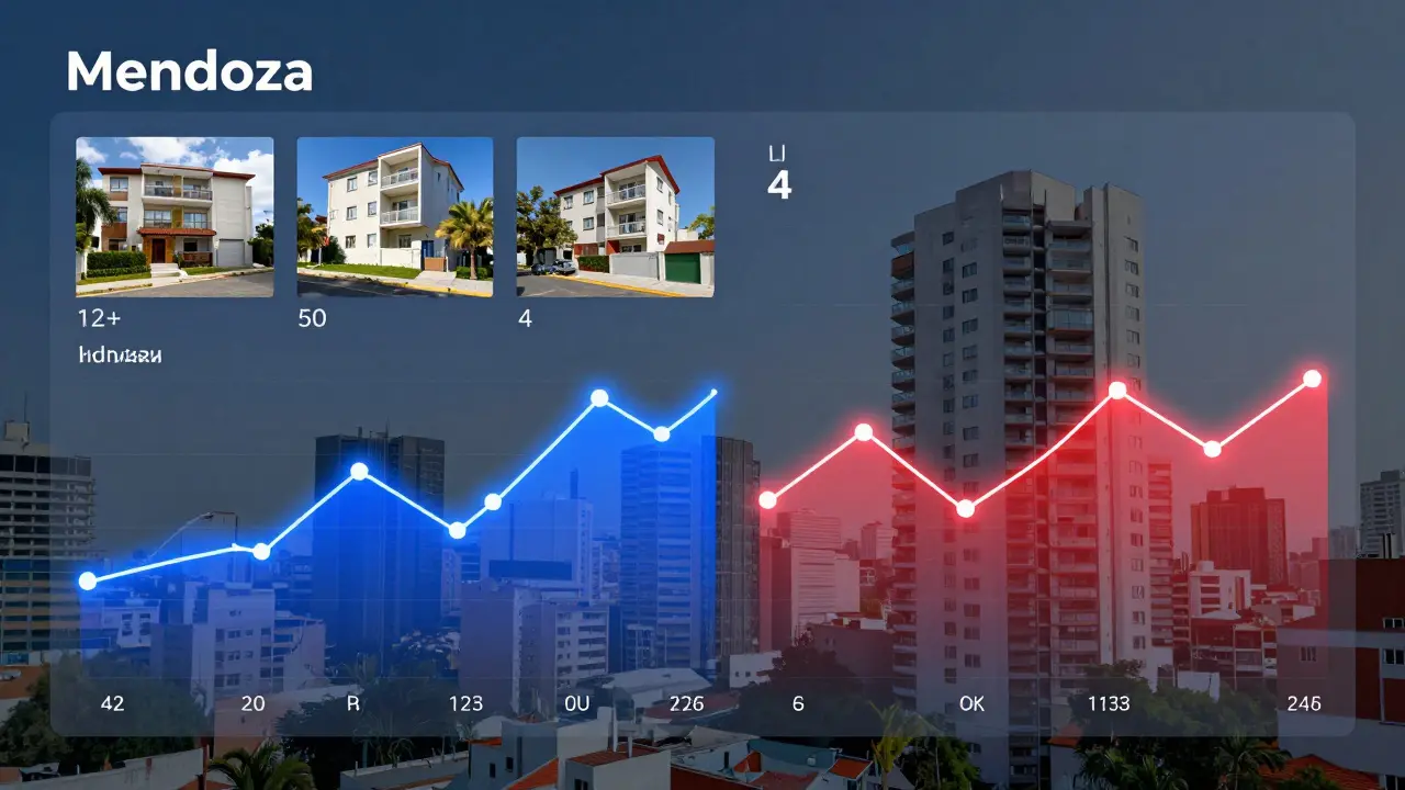 Gráfico dinámico comparando propiedades con muchas fotos y visitas frente a otras con pocas, en un barrio de Mendoza.