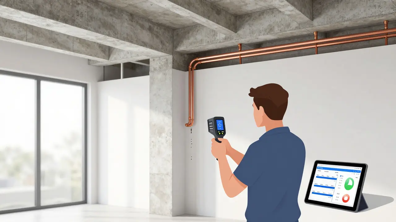 Ingeniero inspeccionando una propiedad premium con cámara térmica, mostrando aislamiento, tuberías de cobre y circuitos eléctricos dobles.