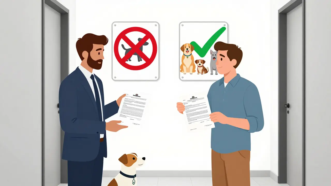 Landlord and tenant discussing pet rights, with vaccination certificate and microchip collar visible.