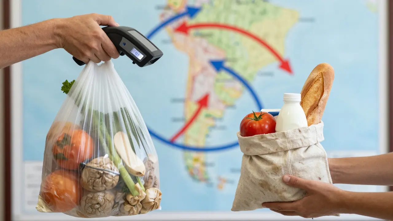 Manos sosteniendo compras de supermercado urbano y mercado rural, con fondo de mapa de Argentina.