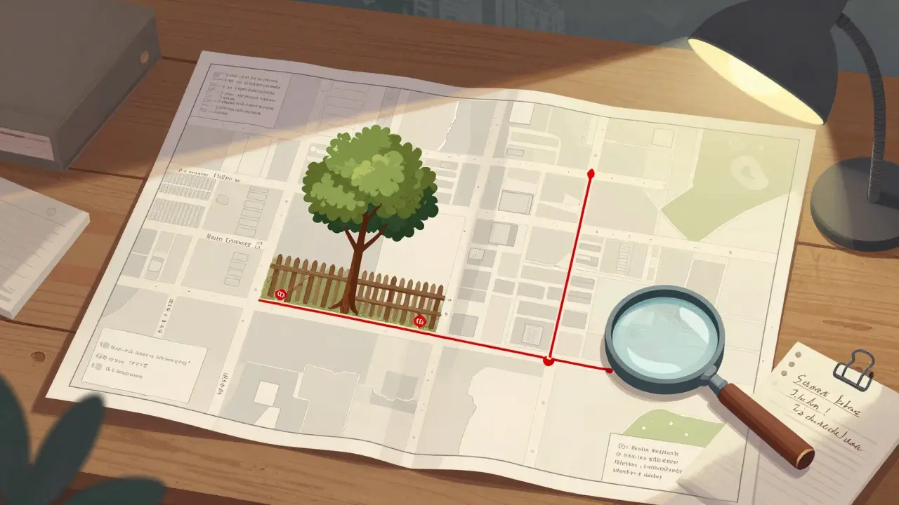 Mapa catastral detallado con marcas rojas que muestran discrepancias entre límites registrados y características físicas reales.