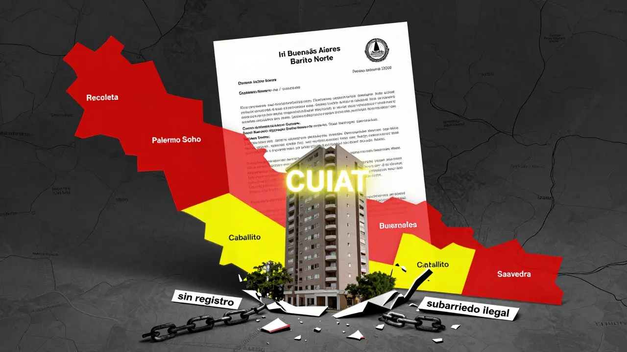 Mapa de Buenos Aires con zonas restringidas y código CUIAT, símbolos de cumplimiento legal.