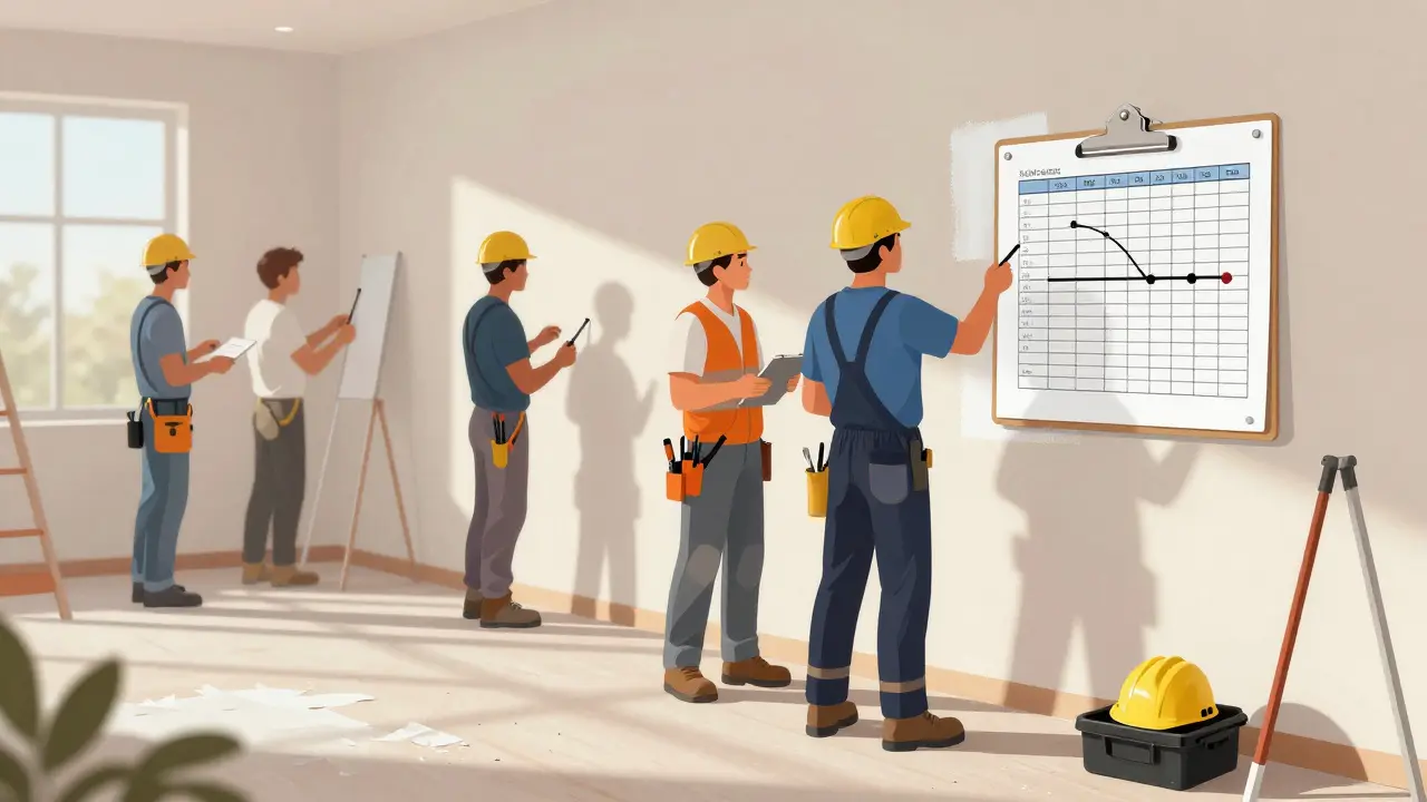 Master builder coordinating specialized workers on a renovation site in Mendoza.