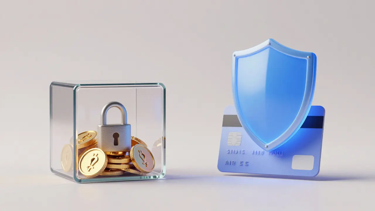 Monedas atrapadas en cristal junto a escudo que protege tarjeta de crédito