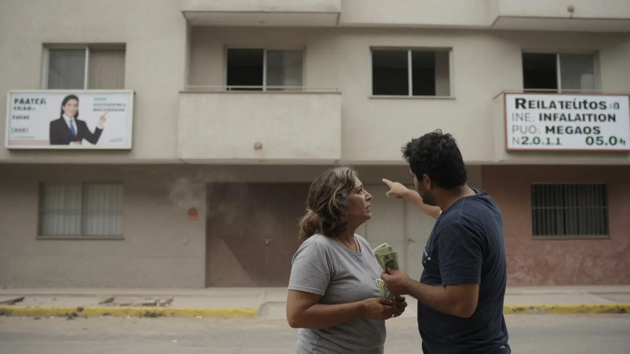 Pareja argentina frente a un edificio vacío en Mendoza con dinero en pesos y lista de precios en dólares.