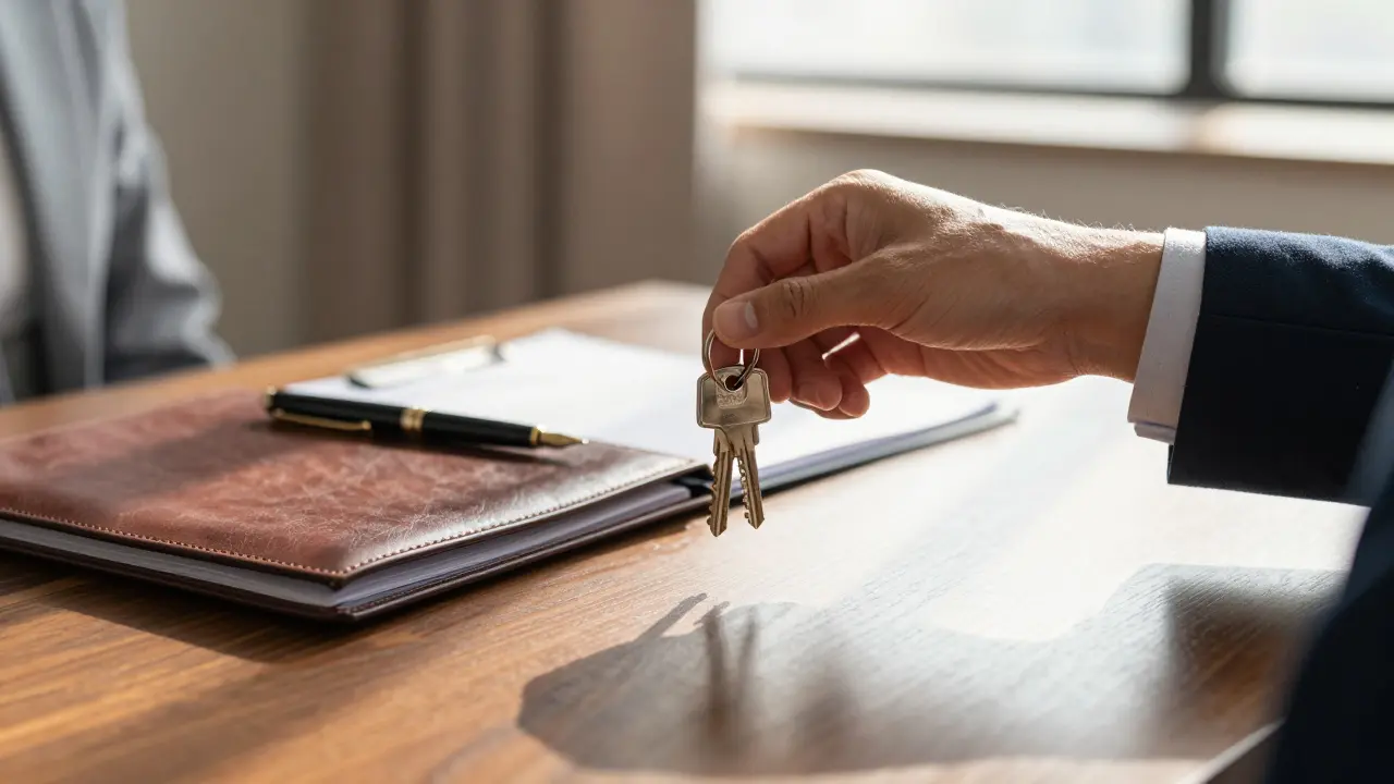 Primer plano de manos intercambiando llaves de propiedad inmobiliaria.