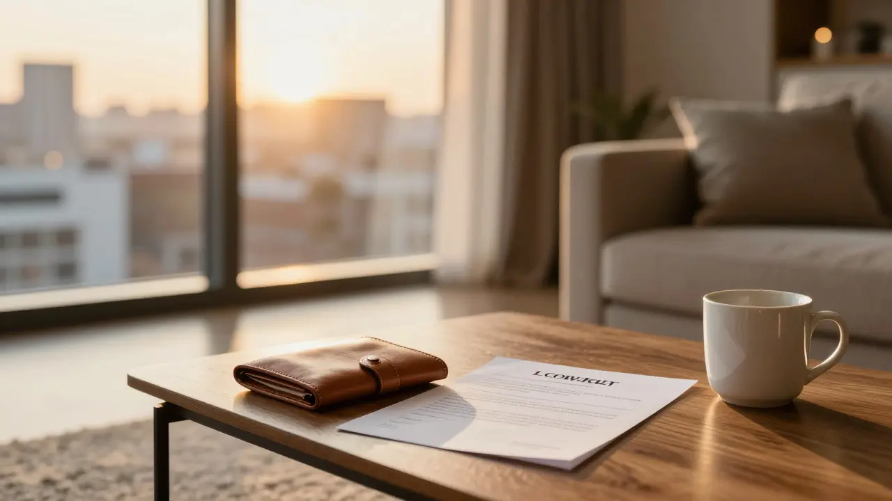Sala acogedora con llaves y contrato en mesa bajo luz dorada del atardecer