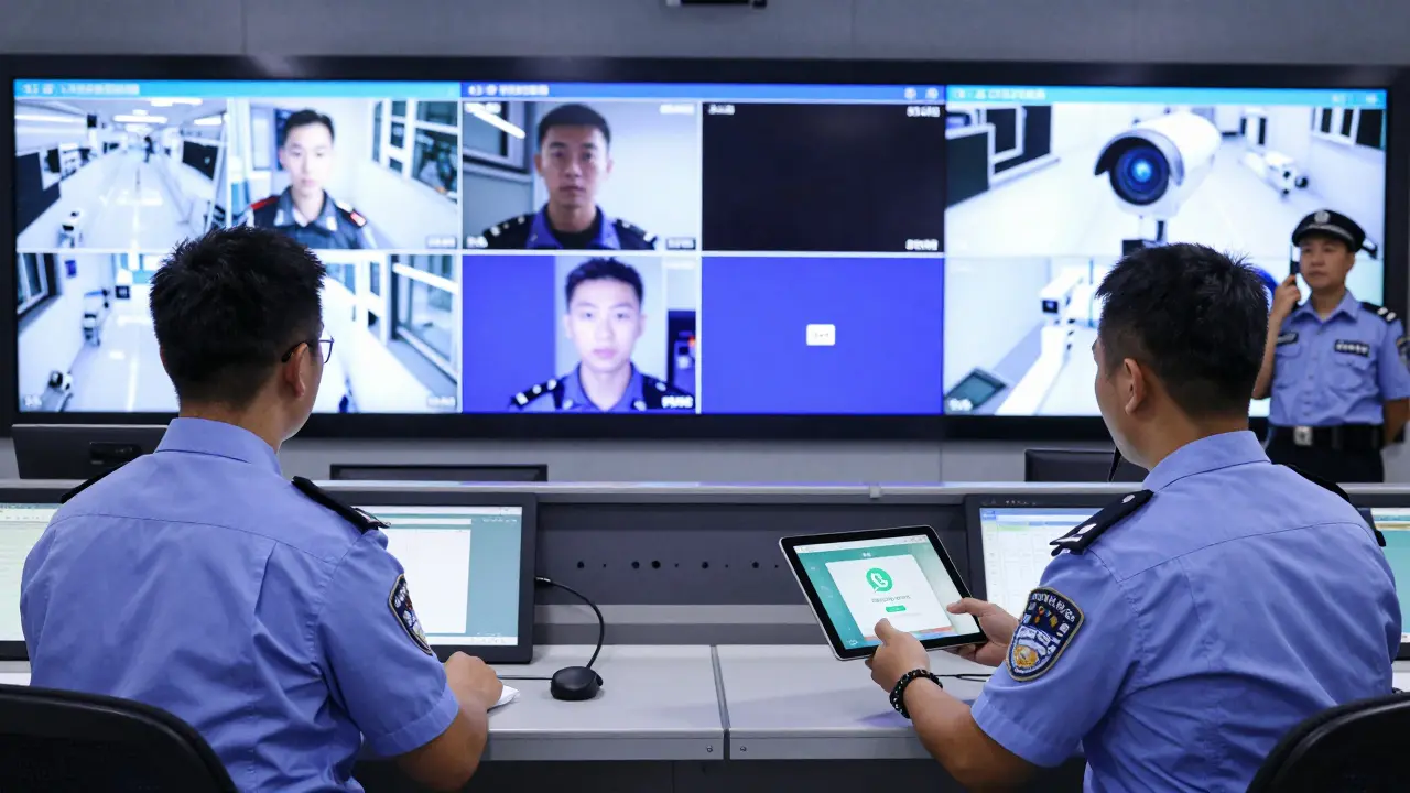 Tres guardias capacitados monitorean pantallas de vigilancia en una sala de control con sistemas de alerta digital y comunicación policial.