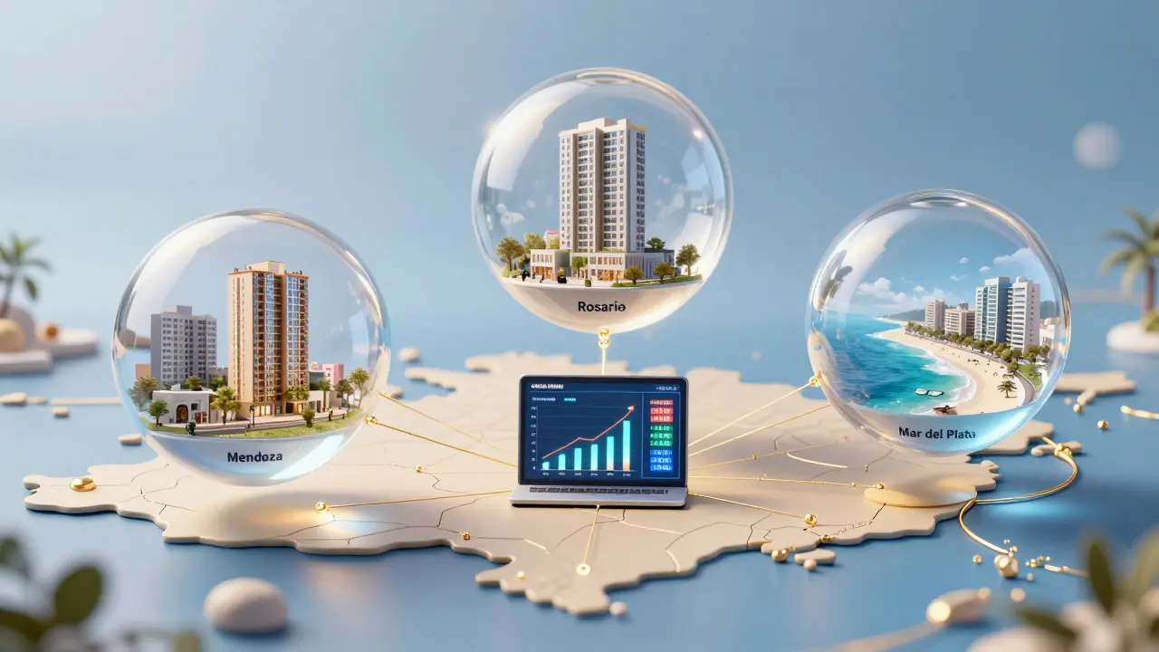 Tres proyectos de crowdfunding inmobiliario en Argentina: Mendoza, Rosario y Mar del Plata, conectados por hilos de inversión.