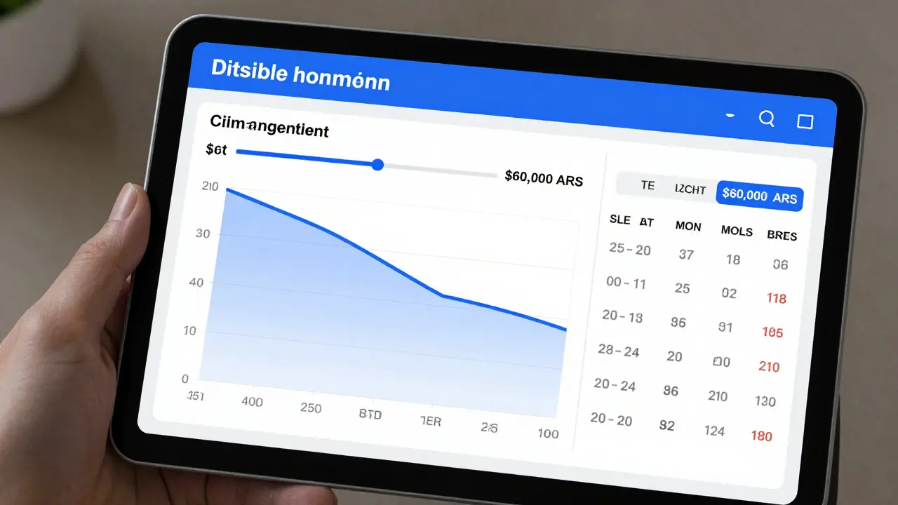 Un panel digital muestra el saldo de una hipoteca divisible con rangos de pago mensuales variables en pesos argentinos.