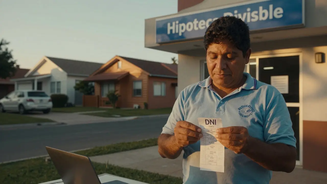 Un trabajador argentino con su DNI frente a un banco que ofrece hipotecas divisibles, mientras casas al fondo simbolizan acceso a la vivienda.
