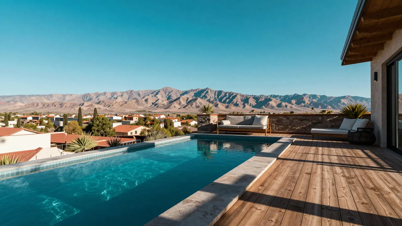 Vista de pileta en azotea moderna frente a montañas nevadas