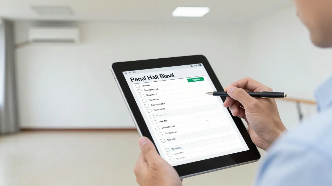 Administrador revisando checklist de mantenimiento en un salón comunitario.