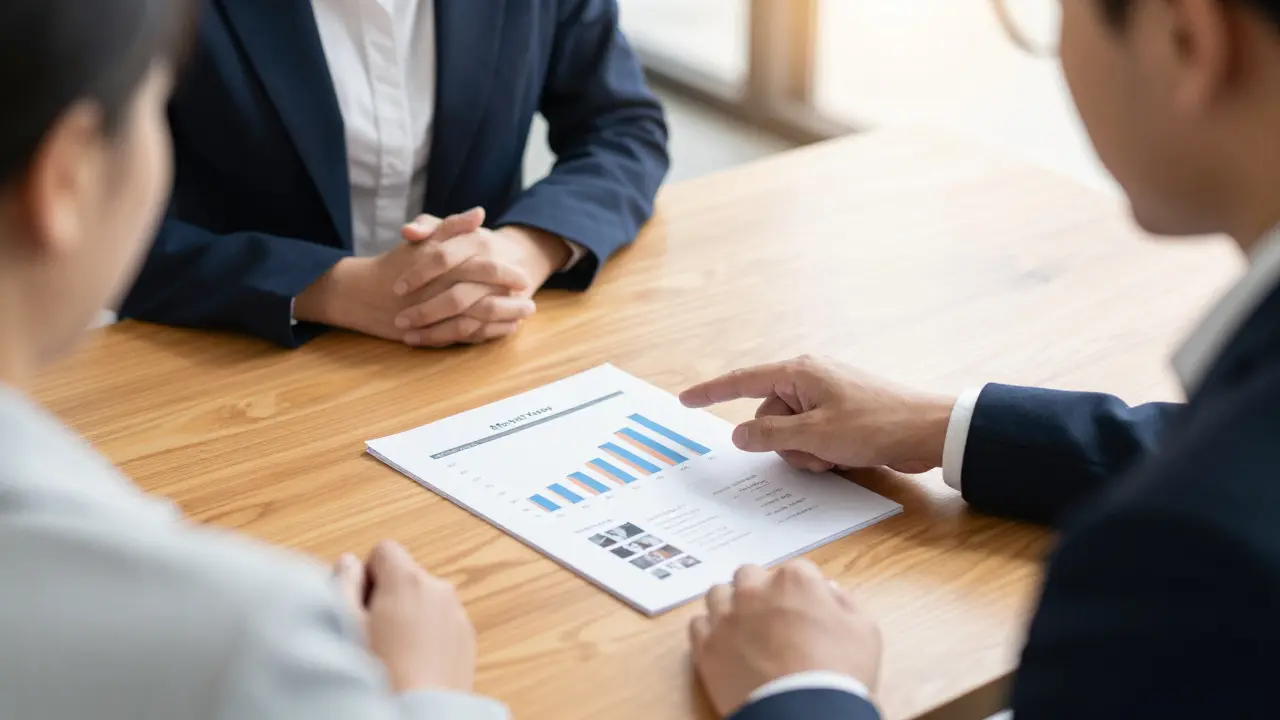 Agente inmobiliario presentando un informe de análisis comparativo de mercado a un cliente.