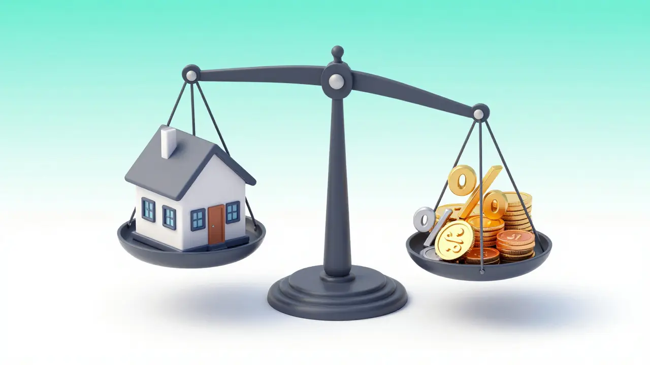 Balanza conceptual comparando el valor de una vivienda con diferentes tasas de interés y costos financieros.