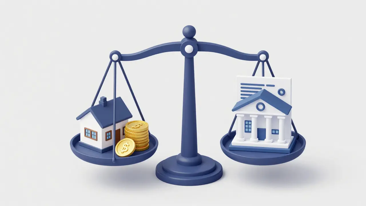 Balanza conceptual representando el reparto de gastos entre comprador y banco.