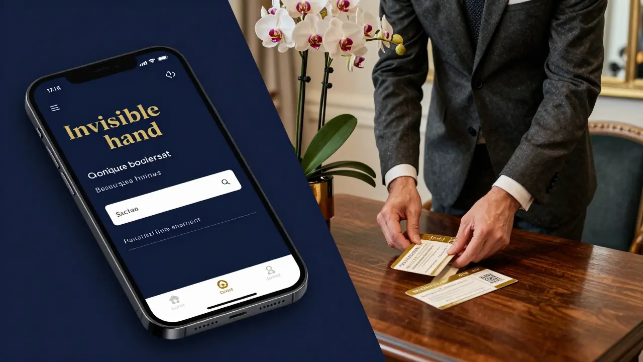 Celular con app de servicios y concierge organizando flores y entradas de teatro