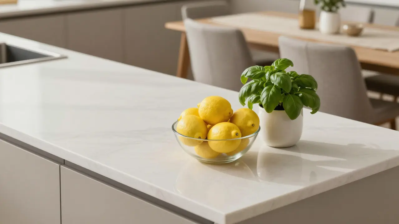 Cocina despejada y moderna con frutas frescas sobre la encimera blanca