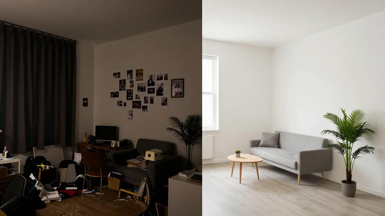 Comparación de una habitación desordenada frente a una optimizada con home staging