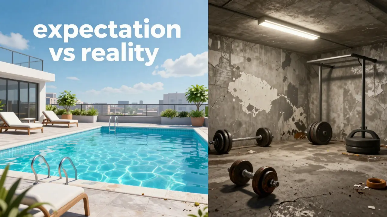 Comparación entre una piscina de lujo idealizada y un gimnasio descuidado en un sótano.