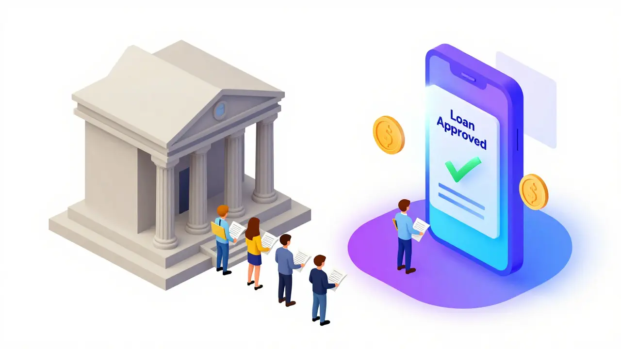 Comparación visual entre un banco tradicional y una aplicación de préstamos fintech.