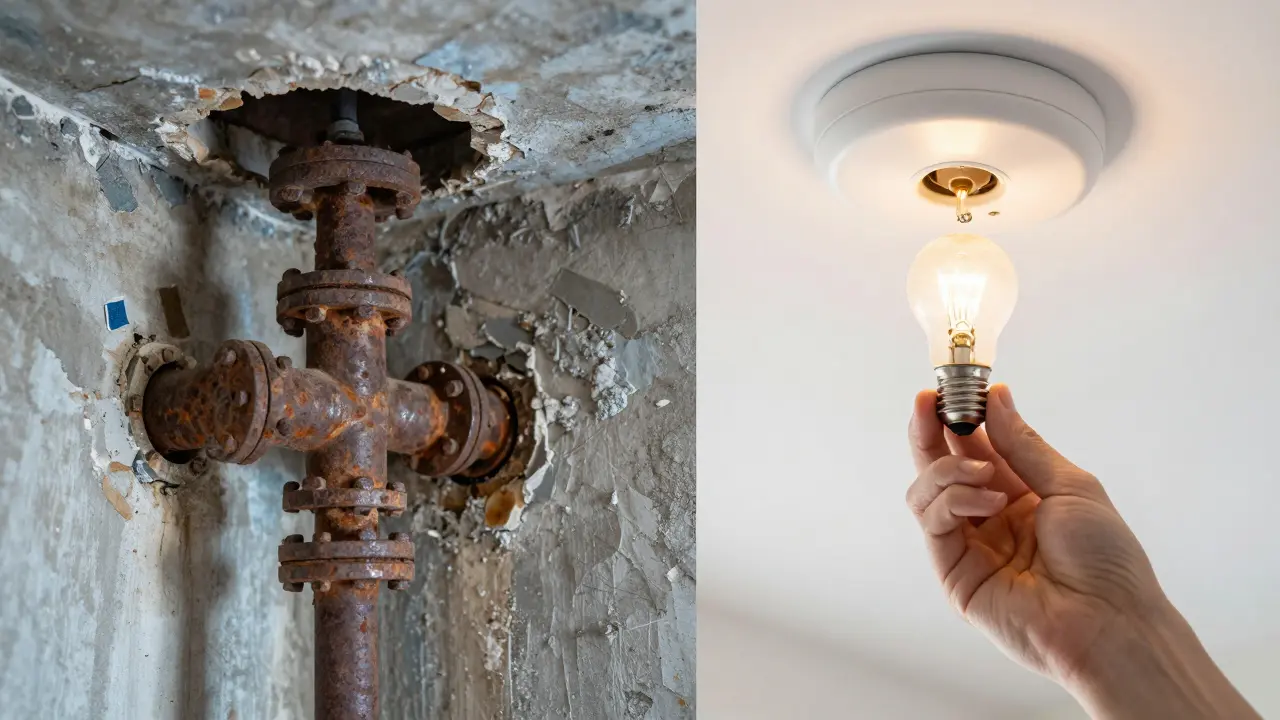Comparativa entre un caño oxidado roto y el cambio de una lamparita quemada.