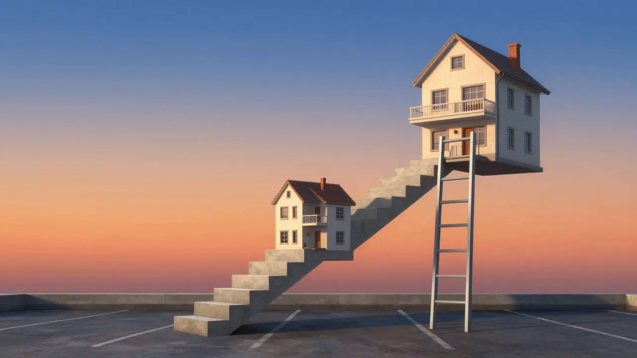 Concepto visual de una escalera de activos que comienza con una cochera y sube hacia propiedades mayores.