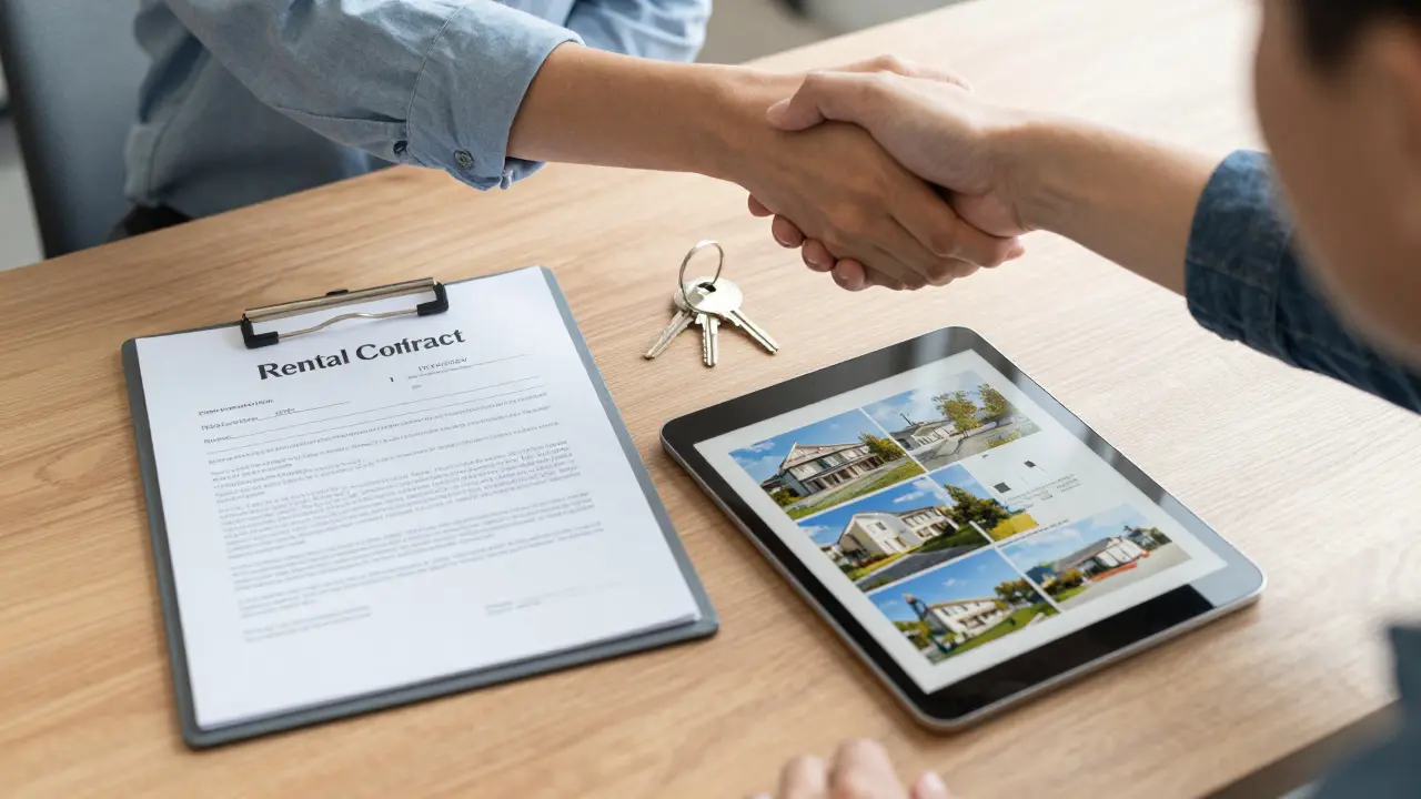 Contrato de alquiler y fotos de inventario sobre una mesa con un apretón de manos.