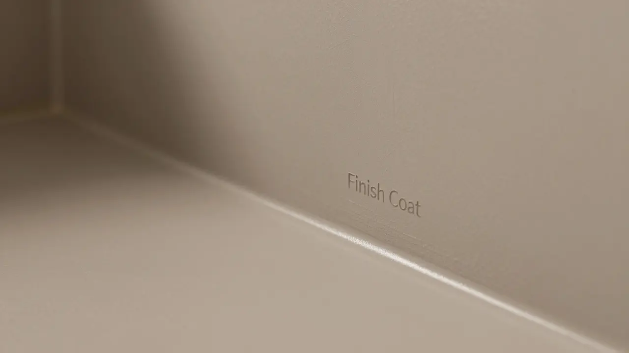 Detalle de acabado satinado de microcemento sin juntas en el suelo y pared de un baño.