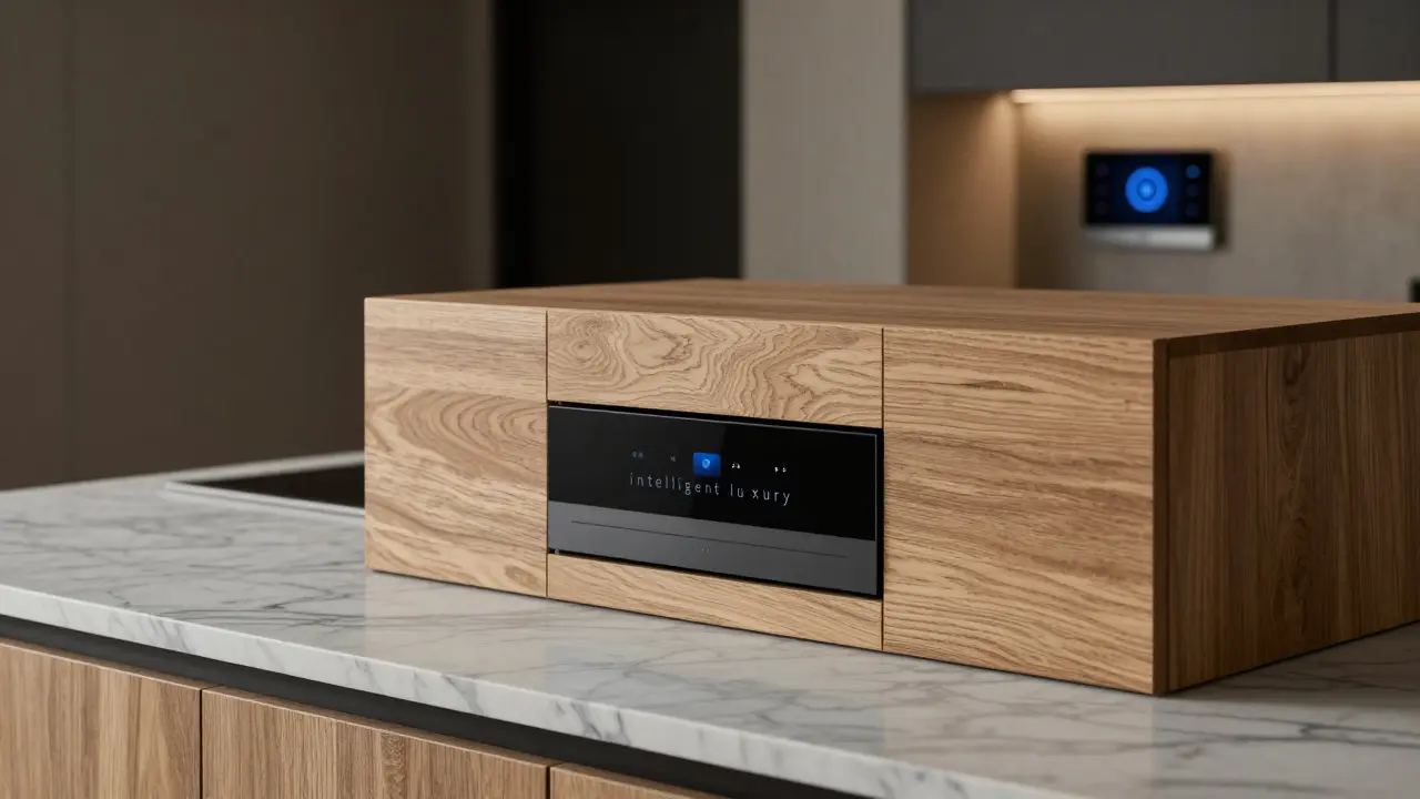 Detalle de acabados de lujo con mármol de Carrara y panel de domótica integrado.