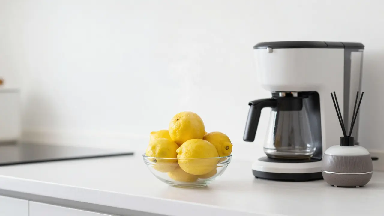 Detalle de cocina limpia con cafetera y difusor, resaltando la higiene y el aroma acogedor.